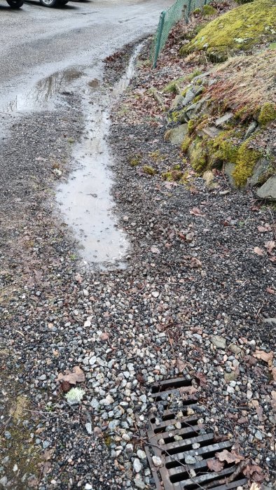 En vattenpöl längs kanten av en grusväg, vatten som rinner mot en gatubrunn, parkerade bilar, stenig slänt, staket.