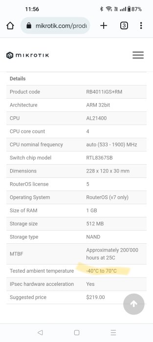 Skärmbild av en webbsida som visar specifikationer för MikroTik routermodell RB4011iGS+RM, med prisinformation.