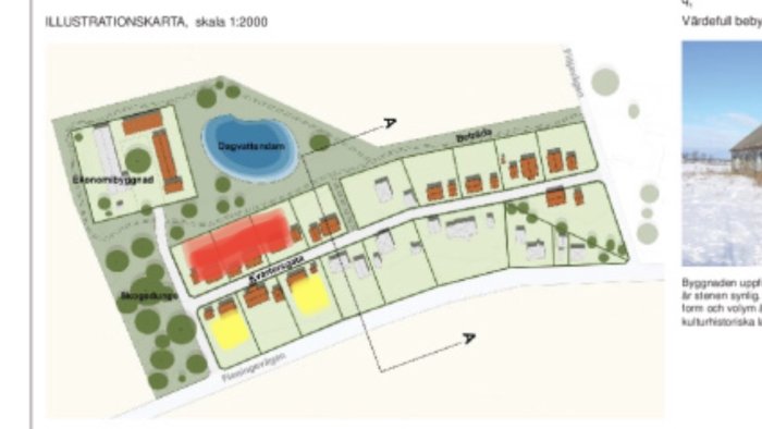 Illustrationskarta, områdesplanering, byggnader, vägar, dagvattendamm, grönområden, skala 1:2000, planerad bebyggelse.