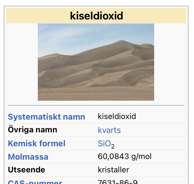 Sanddyner och klar himmel, information om kiseldioxid (SiO2), kemisk formel, molmassa, kvarts, kristaller.