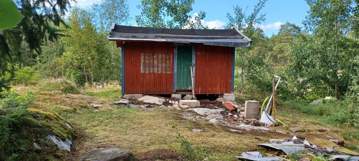 Röd stuga på pelare, renoveringsprojekt, omgiven av skog, höst, rörighet, byggmaterial på marken.