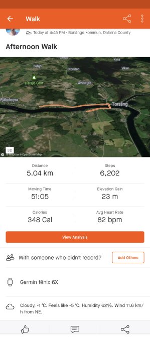 En skärmdump av en promenadaktivitet med karta, distans, steg, tid, kalorier, hjärtfrekvens och väderinformation.