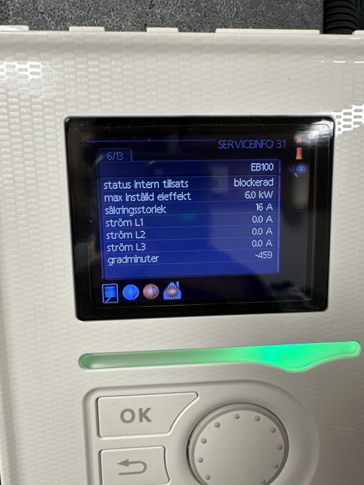 Display med teknisk information, troligtvis för en laddstation eller elsystem, visar status och elektriska värden.