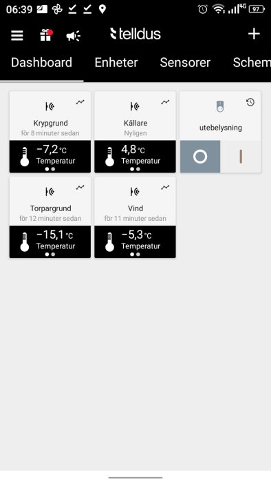 Skärmdump av en mobilapp, Tellus, visar temperatur i olika platser, gränssnittet på svenska.