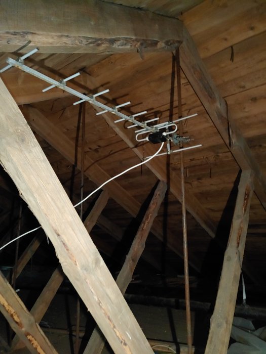 Vindsvåning med trästomme och TV-antenn. Oisolerat tak, spindelväv, gammal konstruktion, dammigt, mörkt.