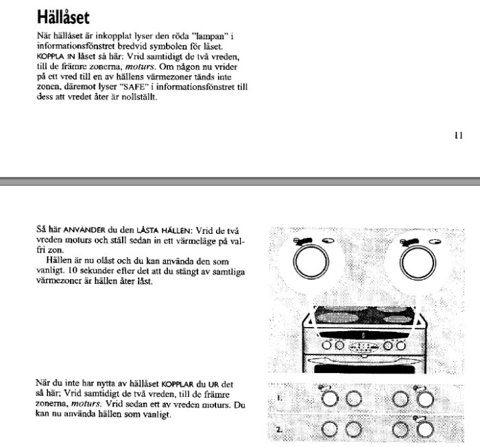 Svartvit manualsidan som beskriver användning av spishäll med text och illustrationer av knoppar och spis.