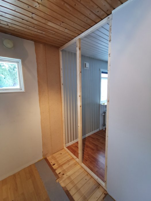 Inbyggnadsarbete med trästomme, gipsskivor, träpaneltak. Obehandlad spånskiva, fönster, parkettgolv. Under konstruktion/renovering.