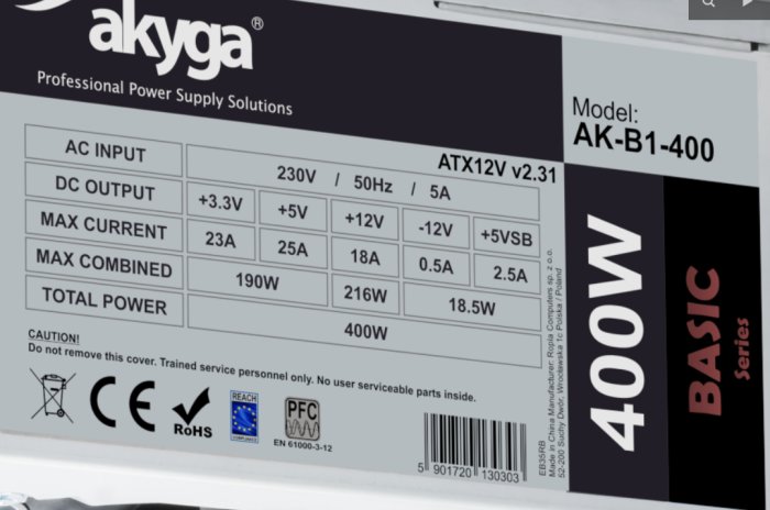 Akyga nätaggregat, modell AK-B1-400, etikett med specifikationer och certifieringar, 400W, ATX12V v2.31.