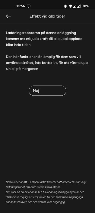 Skärmdump av en app, laddningsinställningar för elbilar, funktion för kraftförsörjning via elnätet, svart bakgrund, text på svenska.