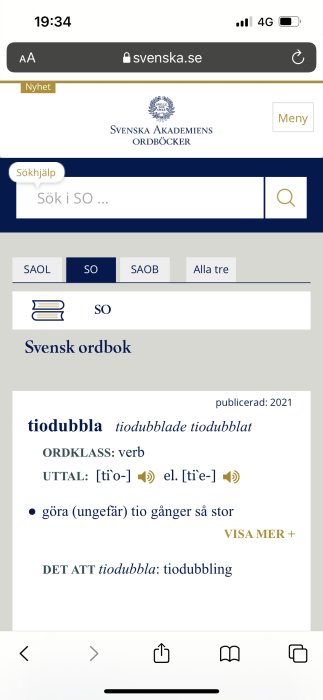 Skärmdump från Svenska Akademiens ordlista, sökresultat för ordet "tiodubbla," betydelse att fördubbla tio gånger.