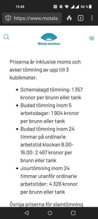 Webbsida visar priser för slamtömning, Motala kommun, olika tjänster och kostnader.