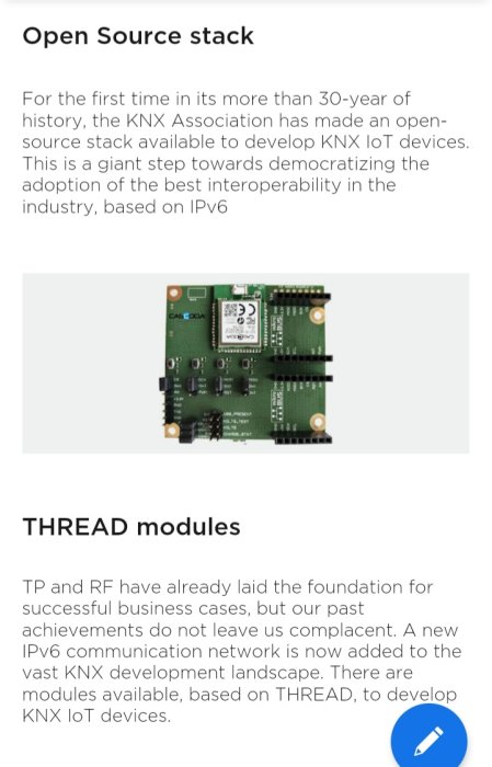 Artikel om KNX Associations öppna källkodstack för IPv6 KNX IoT-enheter, med bild på THREAD modul.