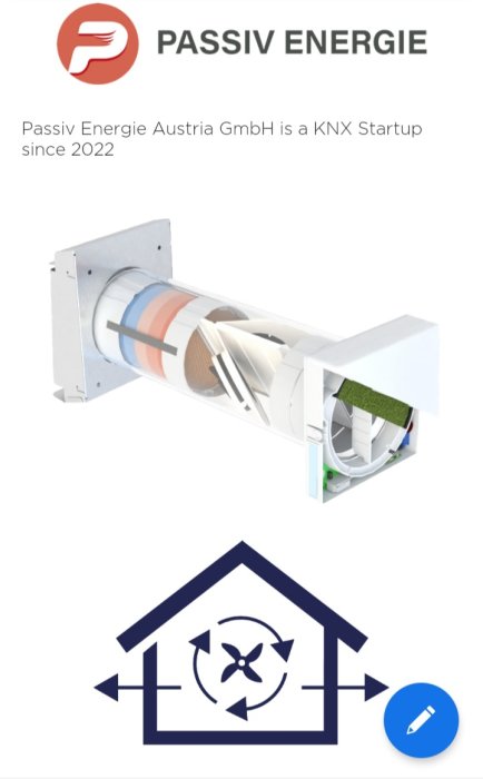 Passiv energiteknik, ventilationsenhet, KNX-startup, effektivitetsdiagram, mekanisk komponent, 2022, husikon, luftflöde.