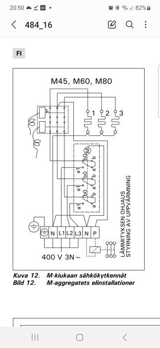 Elektriskt schema för anslutning av bastuaggregat på finska och svenska, 400V 3N.