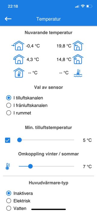 Skärmdump av en app för temperaturreglering; visar nuvarande temperaturer, sensorval och värmesysteminställningar.