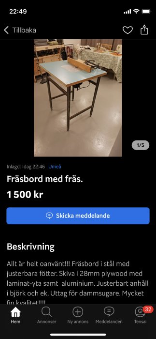 Fräsbord i stål, justerbara fötter, plywood skiva, laminat, aluminium, björk och ek, dammsugaruttag, oanvänd, annonsapp.