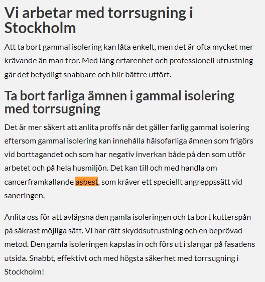 Text som beskriver tjänster för borttagning av gammal isolering och farliga ämnen såsom asbest med hjälp av torrsugning i Stockholm.