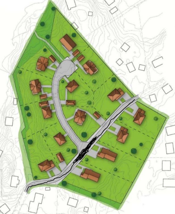 Topografisk planritning av ett bostadsområde med vägar, byggnader och höjdkurvor.