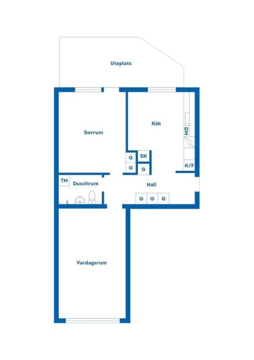 Arkitektonisk ritning av en lägenhetsplan med sovrum, kök, duschrum, hall, vardagsrum och uteplats.
