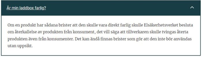 Text i en ruta som diskuterar farligheten hos en laddbox och Elsäkerhetsverkets roll vid brister.