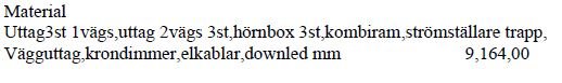 Lista på elmaterial med antal, typ och pris.