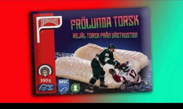 Förpackningsdesign för torsk, ishockeytema, Frölunda, spelare tackling, fiskprodukt, humoristisk, 390g, MSC-märkt.