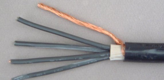 Avskalad elektrisk kabel som visar koppartrådar och isolering.