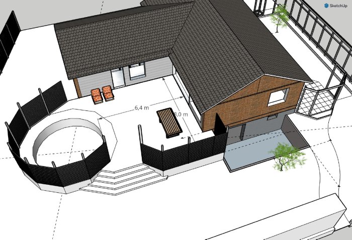 3D-ritning, hus med tillbyggnad, terrass, träd, måttmarkeringar, ingen färg, konceptskiss, designprogram, bildtext "SketchUp".