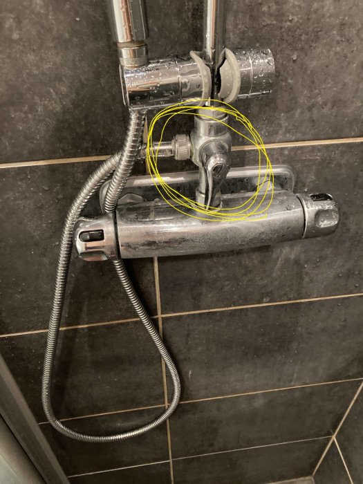 Duschkran med silverfärgad metall, flexibel duschslang, inringat område tyder på fokus eller problem.