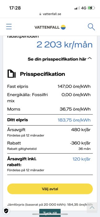 Skärmdump av Vattenfall webbsida, visar elpris, energikälla, moms, årsvagift och rabatt.