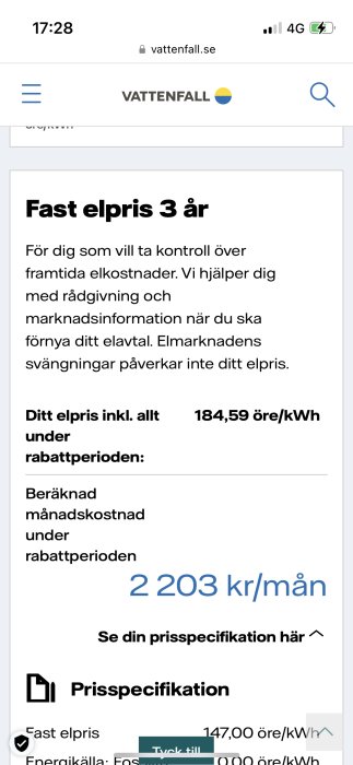 Skärmdump från Vattenfall, erbjudande om fast elpris, pris och månadskostnad framgår, mobilwebbsida.