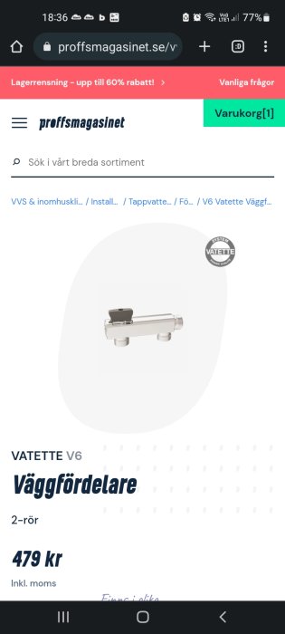 Webbsida visar en V6 väggfördelare för VVS till priset av 479 SEK.