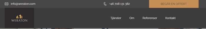 Webbsidans headerrubrik med logotyp, kontaktinformation, menylänkar och en knapp för offertförfrågan.