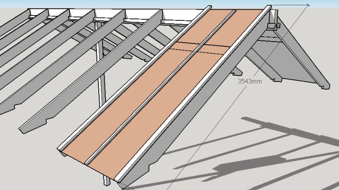 3D-modell av takkonstruktion med måttindikation, trä och metall, arkitektonisk design, ingen bakgrund.