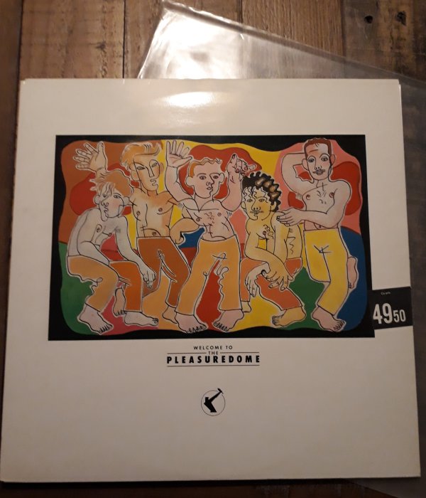 Stiliserad illustration av flera färgrika figurativa dansande personer, konstnärlig, "Welcome to the Pleasuredome", albumomslag.
