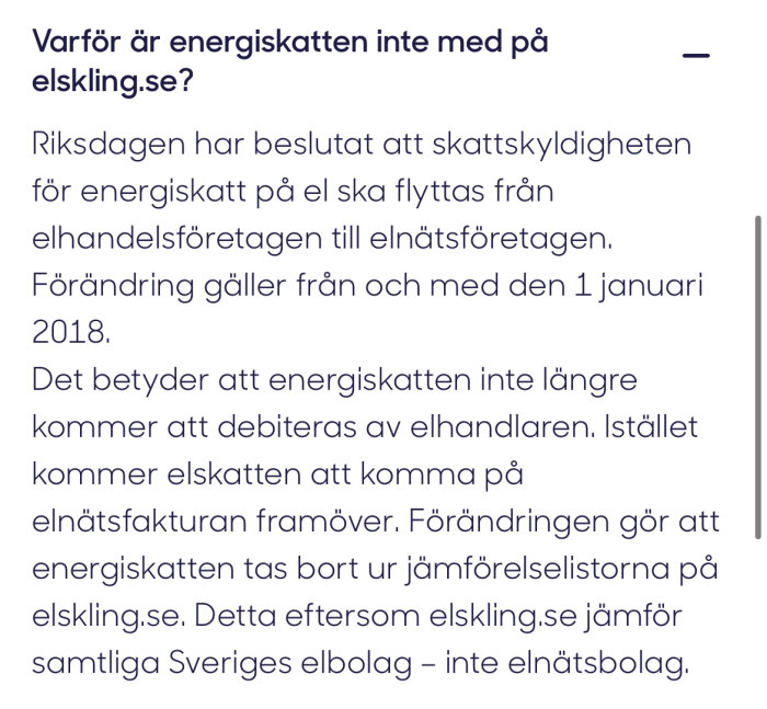 Text om energiskatt och dess hantering inom elmarknaden i Sverige, beslut från riksdagen, gäller från 2018.