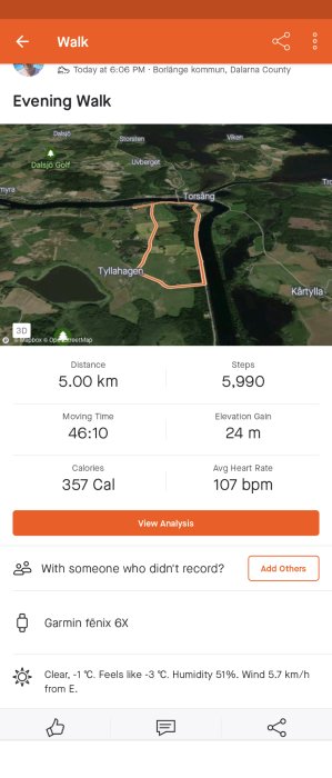 Kvällspromenad, 5 km, 5990 steg, 24 m höjdskillnad, 357 kalorier, hjärtfrekvens 107 bpm.