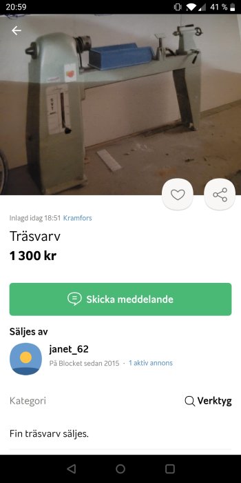 En skärmdump från en köp- och säljplattform som visar en trävarv till salu.