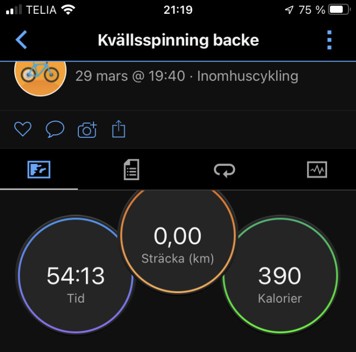 Skärmdump av träningsapp som visar kvällspinning, 54 minuter, 0 km, 390 kalorier brända.