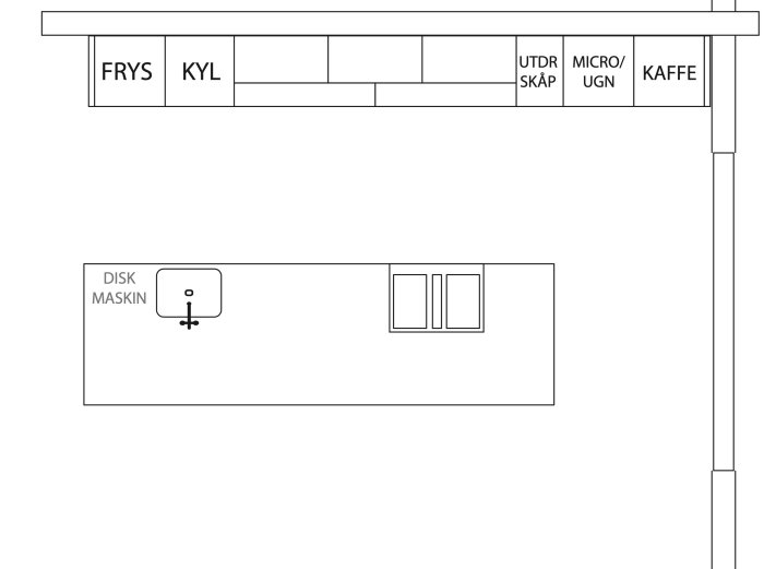 Planritning av kök med kyl, frys, mikrovågsugn, kaffemaskin, diskmaskin och skåputrymme.