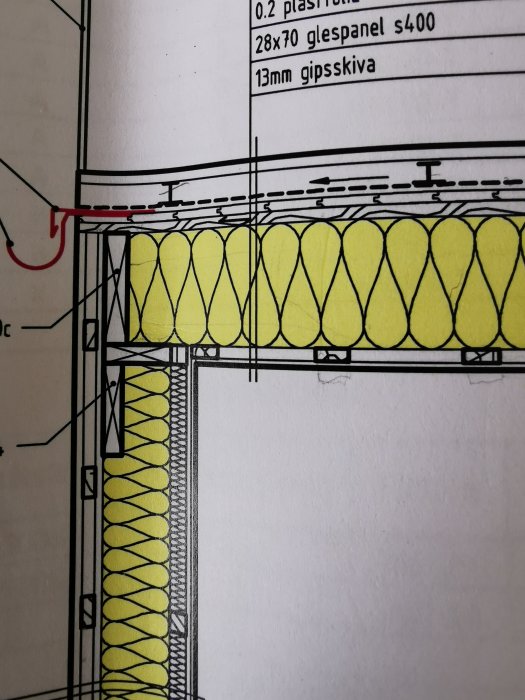 Sektion av väggkonstruktion, isolering, teknisk ritning, byggmaterial, måttspecifikationer, arkitektonisk detalj, konstruktionselement, gulmarkerad.