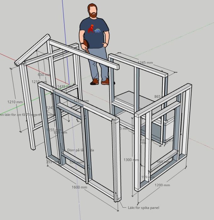 3D-modell av trästomme för byggnad med måttangivelser och en illustrerad person.