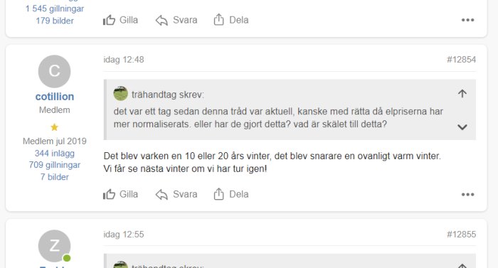 Skärmdump från ett forum: diskussion om vädret, inkluderar användarnamn, inlägg och reaktioner.