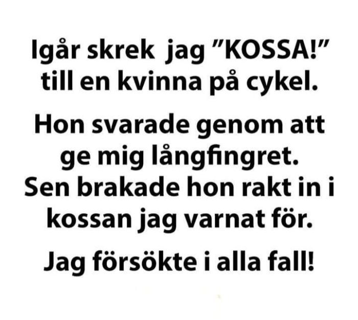 Text om missförstånd och ironi när varning om ko tolkas fel av cyklist.