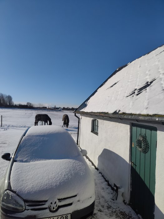 Bil täckt av snö, soligt, klarblå himmel, hästar och ett hus med snö på taket.