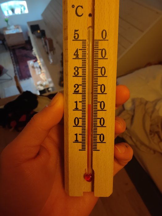 En hand håller en trätermometer som visar inomhustemperatur i Celsius, med oskarp bakgrund av ett rum.