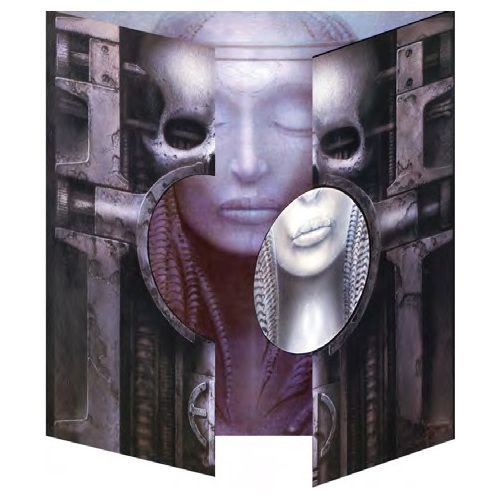 Surrealistisk konstverk, ansikte som delas av mekaniska dörrar och spegelfragment, kalla färger, abstrakta element, futuristisk estetik.