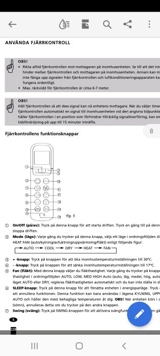 Instruktionsmanual på svenska för fjärrkontroll, innehåller bilder, symboler och text om användning.