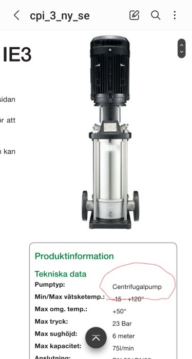 Produktdatablad för en vertikal centrifugalpump med tekniska specifikationer, t.ex. max tryck 23 bar.