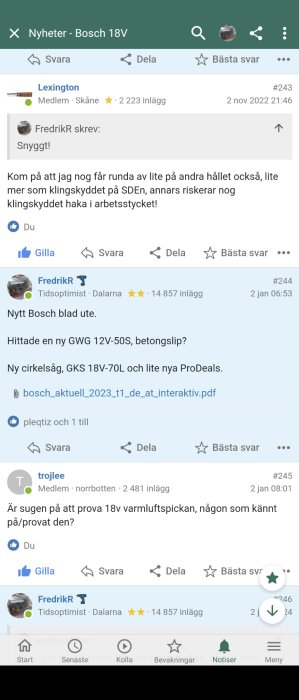 Skärmdump av forumdiskussion om Bosch-verktyg, användare delar intryck och information, pdf-fil bifogad.